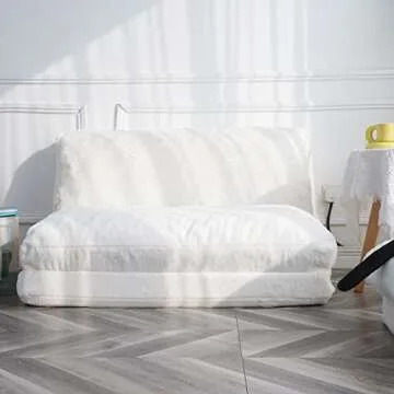N&V Folding Matress Sofa Bean Bag Bed, Foam Filling Folding Matress Sofa, Includes Removable and Machine Washable Cover, Soft Premium Faux Fur (Medium, White)