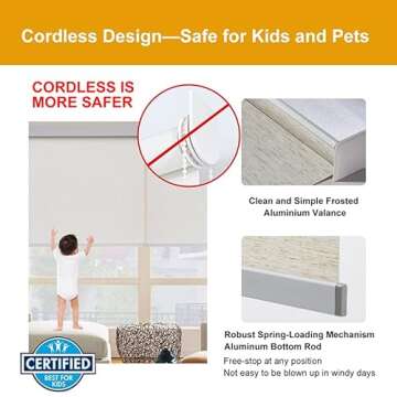 Persilux Free-Stop Cordless Light Filtering Window Shades for Home (Cream 31" W x 72" H) Natural Woven Fabric Roller Shades for Windows, UV Protection Privacy Roller Blinds for Windows, Home, Office