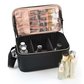 OCHEAL Large Makeup Bag,Portable Travel Makeup Case Organizer Bag Cosmetic Train Case with Shoulder Strap and Dividers for Cosmetics Toiletries- Black -Clearance processing