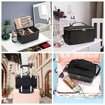 OCHEAL Large Makeup Bag,Portable Travel Makeup Case Organizer Bag Cosmetic Train Case with Shoulder Strap and Dividers for Cosmetics Toiletries- Black -Clearance processing
