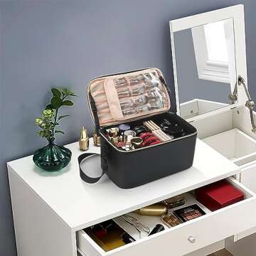 OCHEAL Large Makeup Bag,Portable Travel Makeup Case Organizer Bag Cosmetic Train Case with Shoulder Strap and Dividers for Cosmetics Toiletries- Black -Clearance processing