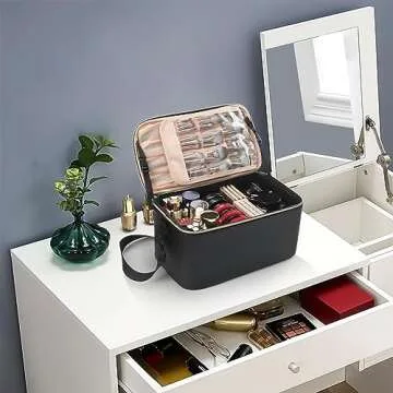 OCHEAL Large Makeup Bag,Portable Travel Makeup Case Organizer Bag Cosmetic Train Case with Shoulder Strap and Dividers for Cosmetics Toiletries- Black -Clearance processing