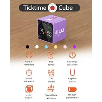 Ticktime Pomodoro Productivity Timer Cube, Pause & Resume, Silent, Vibrate & Adjustable Sound Alarm,...