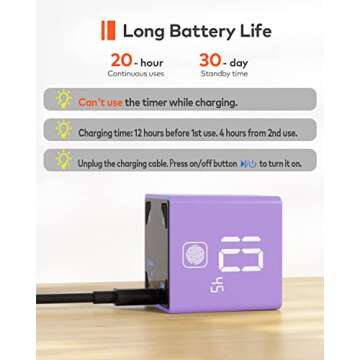 Ticktime Pomodoro Productivity Timer Cube, Pause & Resume, Silent, Vibrate & Adjustable Sound Alarm, for Work, Office, ADHD, Study, Task, 1/3/5/10/15/25/45/60min & Custom Countdown, Purple