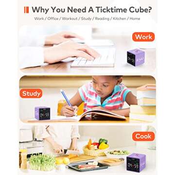 Ticktime Pomodoro Productivity Timer Cube, Pause & Resume, Silent, Vibrate & Adjustable Sound Alarm, for Work, Office, ADHD, Study, Task, 1/3/5/10/15/25/45/60min & Custom Countdown, Purple