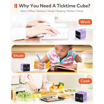 Ticktime Pomodoro Productivity Timer Cube, Pause & Resume, Silent, Vibrate & Adjustable Sound Alarm, for Work, Office, ADHD, Study, Task, 1/3/5/10/15/25/45/60min & Custom Countdown, Purple