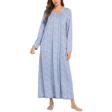 Ekouaer Women's Long Sleeve Nightgown - Cozy Henley Sleep Dress S-4XL