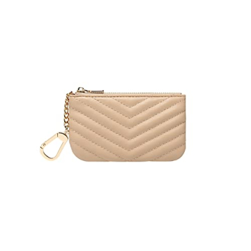 Daisy Rose Quilted Chevron Keychain Pouch & Coin Purse with Clasp, Luxury PU Vegan Leather - Beige