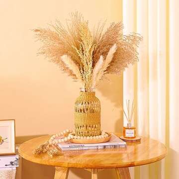 ZENS Rattan Boho Vase, Hand Woven Wicker Cover Glass Flower Vase for Pampas Grass, Artistic Boho Style Fall Vase Country Vase for Fall Flower Decor, Home Table Centerpiece, Farmhouse Decorative