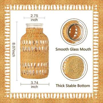 ZENS Rattan Boho Vase, Hand Woven Wicker Cover Glass Flower Vase for Pampas Grass, Artistic Boho Style Fall Vase Country Vase for Fall Flower Decor, Home Table Centerpiece, Farmhouse Decorative