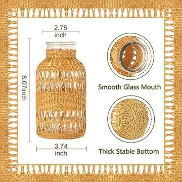 ZENS Rattan Boho Vase, Hand Woven Wicker Cover Glass Flower Vase for Pampas Grass, Artistic Boho Style Fall Vase Country Vase for Fall Flower Decor, Home Table Centerpiece, Farmhouse Decorative