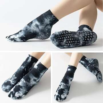 Yoga Pilates Socks with Grips for Women Non Slip Colorful Tie Dye Cushioned Ankle Socks for Barre Ba...