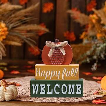 Fall Decorations for Home, DECSPAS Large Size 3-layered Wooden Orange Pumpkin Block Set Fall Decor, Happy fall WELCOME Sign Thanksgiving Table Decorations for Tabletop, Mantle, Shelf, Tiered Tray