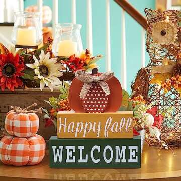 Fall Decorations for Home, DECSPAS Large Size 3-layered Wooden Orange Pumpkin Block Set Fall Decor, Happy fall WELCOME Sign Thanksgiving Table Decorations for Tabletop, Mantle, Shelf, Tiered Tray