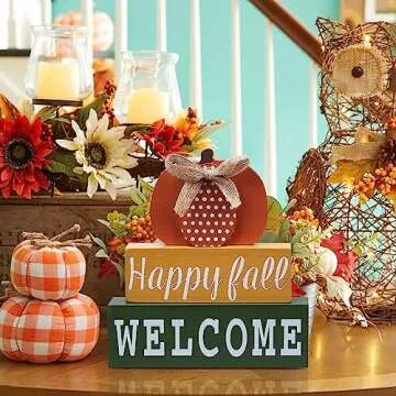 Fall Decorations for Home, DECSPAS Large Size 3-layered Wooden Orange Pumpkin Block Set Fall Decor, Happy fall WELCOME Sign Thanksgiving Table Decorations for Tabletop, Mantle, Shelf, Tiered Tray