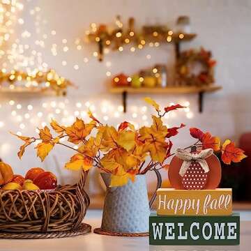 Fall Decorations for Home, DECSPAS Large Size 3-layered Wooden Orange Pumpkin Block Set Fall Decor, Happy fall WELCOME Sign Thanksgiving Table Decorations for Tabletop, Mantle, Shelf, Tiered Tray