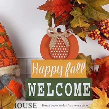 Fall Decorations for Home, DECSPAS Large Size 3-layered Wooden Orange Pumpkin Block Set Fall Decor, Happy fall WELCOME Sign Thanksgiving Table Decorations for Tabletop, Mantle, Shelf, Tiered Tray