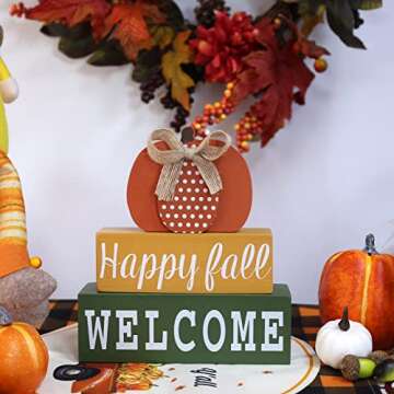Fall Decorations for Home, DECSPAS Large Size 3-layered Wooden Orange Pumpkin Block Set Fall Decor, Happy fall WELCOME Sign Thanksgiving Table Decorations for Tabletop, Mantle, Shelf, Tiered Tray