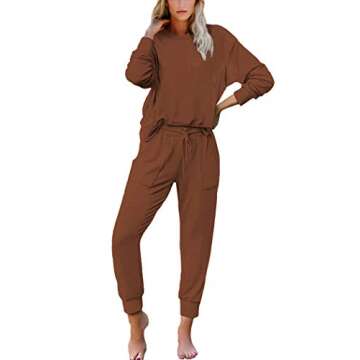 NSQTBA Loungewear for Women Cozy Sweatsuits Sets 2 Piece Outfits Fashion Cothes Brown S