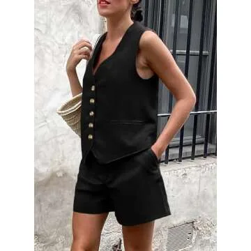 PRETTYGARDEN Women's 2 Piece Summer Matching Sets Button Front V Neck Vest Waistcoat Sleeveless Tops and Shorts with Pockets (Black,X-Large)