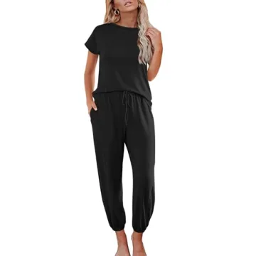 Ekouaer Pajamas for Women 2 Piece Lounge Sets Cap Sleeve Loungewear Top with Joggers Pants S-XXL Bla...