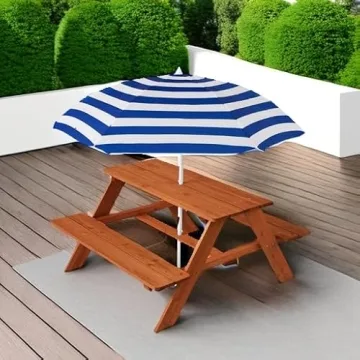Kids Wooden Picnic Table with Adjustable Umbrella