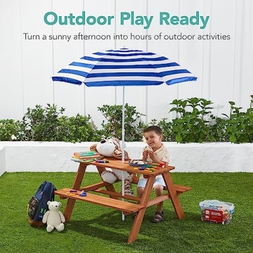 Kids Wooden Picnic Table with Adjustable Umbrella