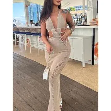 Women Crochet Cover Ups Maxi Dress Hollow Out Backless Long Beach Dress See Through Sexy Side Split Sundress