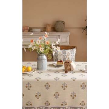 patdrea Designer Beige Tablecloth for Rectangle Tables,Vintage Linen with Yellow Flowers Pattern Tablecloths,Rustic Floral Table Cover Cloth Decor for Kitchen Dining Christmas,55"*79"