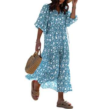 miduo Womens Maxi Dress Spring Fashion Casual V Neck Short Half Sleeve Flower Pattern Boho Beachwear...