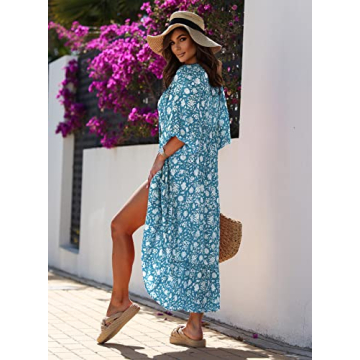 miduo Womens Maxi Dress Spring Fashion Casual V Neck Short Half Sleeve Flower Pattern Boho Beachwear Long Maxi Floor Dresses L
