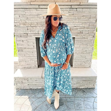 miduo Womens Maxi Dress Spring Fashion Casual V Neck Short Half Sleeve Flower Pattern Boho Beachwear Long Maxi Floor Dresses L