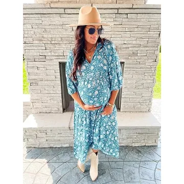 miduo Womens Maxi Dress Spring Fashion Casual V Neck Short Half Sleeve Flower Pattern Boho Beachwear Long Maxi Floor Dresses L