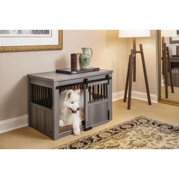 New Age Pet® ECOFLEX® Homestead Sliding Barn Door Furniture Style Dog Crate -Grey, Large (EHDBC15-05L) - Stylish, Durable, Removable Cushions, Easy to Assemble.