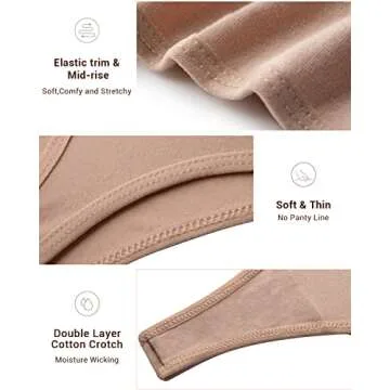 Jo & Bette Cotton Thong Bikini Underwear Seamless Breathable Panties for Women, 6 or 12 Pack