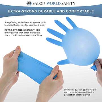 Salon World Safety Blue Nitrile Disposable Gloves, Box of 100, Size Small, 3.5 Mil - Latex Free, Textured, Food Safe