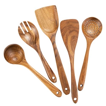 Wood Utensils Set for Cooking, Teak Wooden Utensils Set Wood Spatula for Nonstick Cookware Kitchen U...