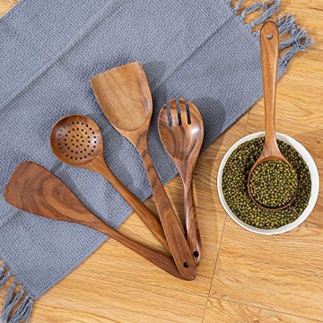 Wood Utensils Set for Cooking, Teak Wooden Utensils Set Wood Spatula for Nonstick Cookware Kitchen Utensils Set 5