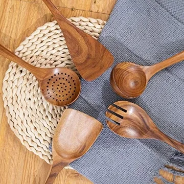 Wood Utensils Set for Cooking, Teak Wooden Utensils Set Wood Spatula for Nonstick Cookware Kitchen Utensils Set 5