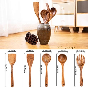 Wood Utensils Set for Cooking, Teak Wooden Utensils Set Wood Spatula for Nonstick Cookware Kitchen Utensils Set 5