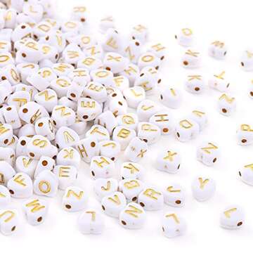 HERZWILD 1000 Pcs Heart Letter Beads Gold Letters Beads Flat Round Alphabet Beads Disc Coin Alphabet A-Z Pony Beads for Jewellery Crafts (Gold Hearts-White)