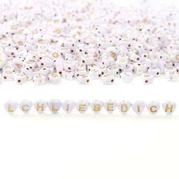 HERZWILD 1000 Pcs Heart Letter Beads Gold Letters Beads Flat Round Alphabet Beads Disc Coin Alphabet A-Z Pony Beads for Jewellery Crafts (Gold Hearts-White)