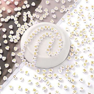 HERZWILD 1000 Pcs Heart Letter Beads Gold Letters Beads Flat Round Alphabet Beads Disc Coin Alphabet A-Z Pony Beads for Jewellery Crafts (Gold Hearts-White)