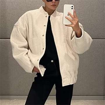 KEOMUD Women's Oversized Wool Blend Bomber Jacket Long Sleeve Button Down Lightweight Varsity Jacket Coat with Pockets Beige Small