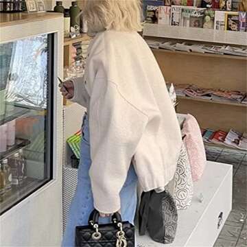 KEOMUD Women's Oversized Wool Blend Bomber Jacket Long Sleeve Button Down Lightweight Varsity Jacket Coat with Pockets Beige Small