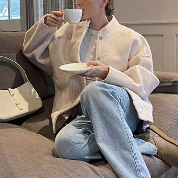 KEOMUD Women's Oversized Wool Blend Bomber Jacket Long Sleeve Button Down Lightweight Varsity Jacket Coat with Pockets Beige Small