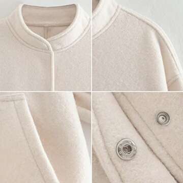 KEOMUD Women's Oversized Wool Blend Bomber Jacket Long Sleeve Button Down Lightweight Varsity Jacket Coat with Pockets Beige Small