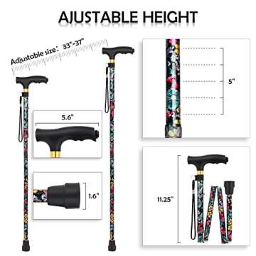 JUNRA Walking Folding Cane with LED Light for Women and Men, Portable Foldable Cane, Collapsible Alu...