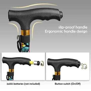 JUNRA Walking Folding Cane with LED Light for Women and Men, Portable Foldable Cane, Collapsible Aluminium Cane, Lightweight and Adjustable Walking Sticks for Seniors Balance