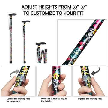 JUNRA Walking Folding Cane with LED Light for Women and Men, Portable Foldable Cane, Collapsible Aluminium Cane, Lightweight and Adjustable Walking Sticks for Seniors Balance